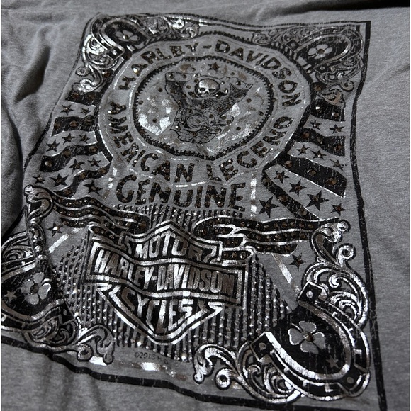 Harley Davidson Rhinestone Shirt Sleeve Gray Black Skull Motorcycle Sz Large - Picture 6 of 12